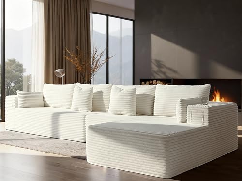 Image of 138 inch Cloud Sectional Couch, Comfort L Shaped Boneless Couch for Living Room, Extra Deep Seats No Assembly, Minimalist Modular Sofa, Corduroy (Cream, 3 Seater+Right Facing Chaise)