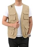 Runcati Herren Ärmellose Weste Outdoor Anglerweste Sommer Leicht Weste mit Praktischen Taschen für Safari Fotografie Jagd Wandern,Khaki,L