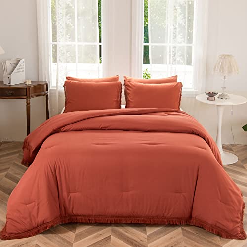 Leafax Full Comforter Set Burnt Orange Boho Bedding Comforter Sets Bed In A Bag 5 Pieces With 1 Comforter, 2 Pillowcases, 2 Pillow Shams Tassel Design #TOP1