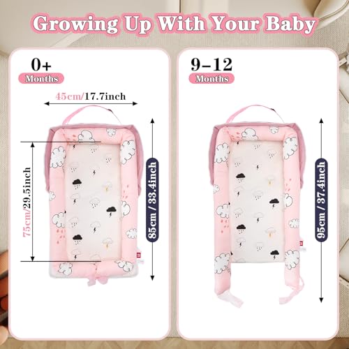 Image of Baby Lounger for Newborn-Portable Baby Lounger 0-24 Months for Home and Travel,Newborn Loungers with Strap, Baby Nest Lounger Adjustable Size,Raindrop Clouds