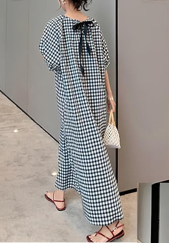 chouyatou Women's Casual Gingham Loose-Fit Swing Dress Cotton Lantern Puff Sleeve Plaid Midi Long Dress3