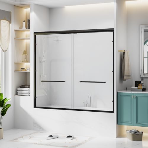 Semi-Frameless Sliding Bathtub Shower Door 56-60 in. W x 57 in. H, Matte Black Frame, 1/4 in. Clear Tempered Glass, Bypass Tub Shower Door, Reversible Sliding Tub Door for Bathroom