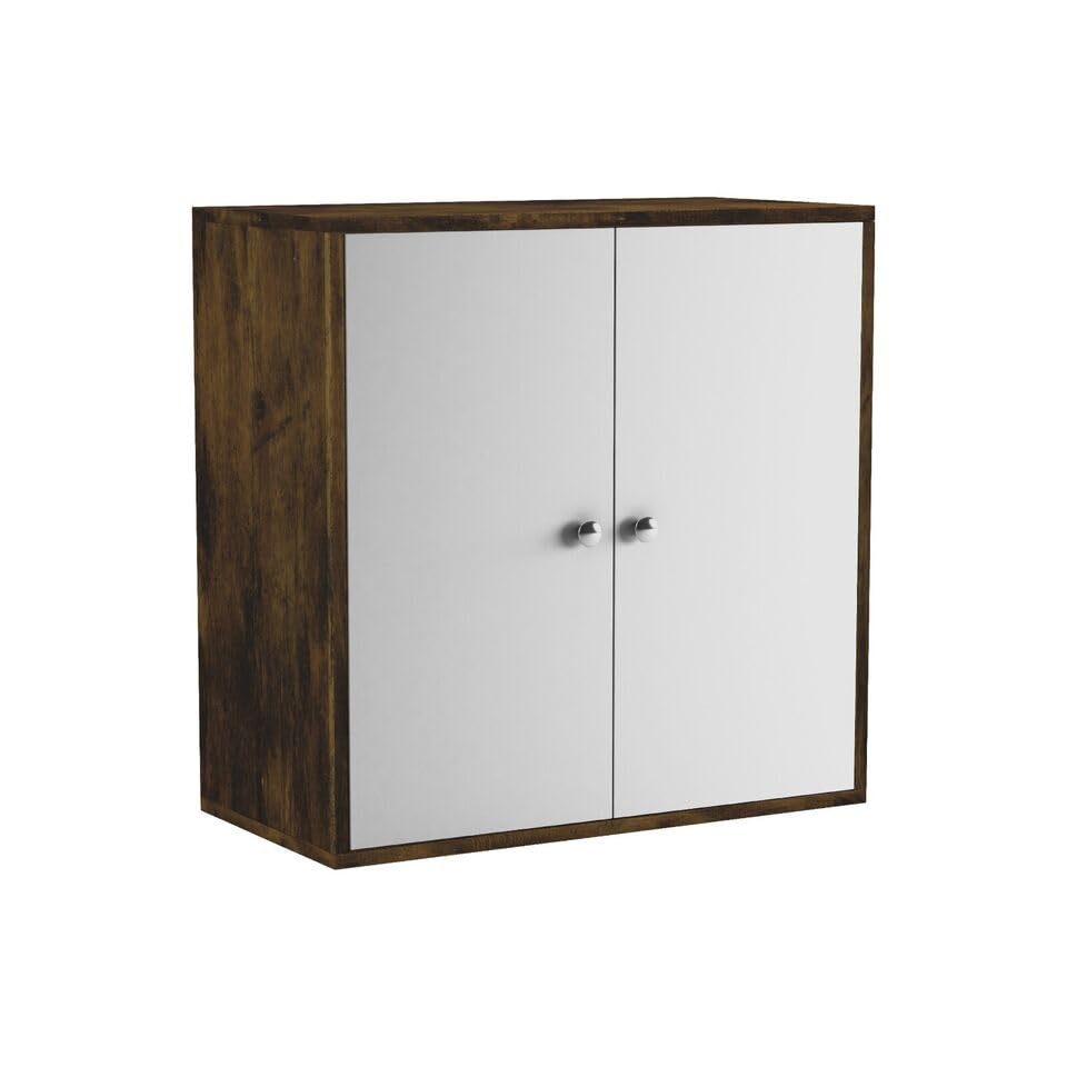 URBNLIVING 2 Tier Wooden Storage Cabinet Cupboard with Shelves Optional Doors Bedroom Bedside Unit Living Room Hallway Furniture (Rustic Brown & White Door)