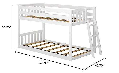 Max & Lily Low Bunk Bed, Twin-Over-Twin Bed Frame for Kids with Ladder on End, White