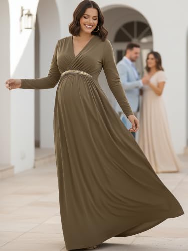 Image of KOH KOH Womens Maternity Long Sleeve V-Neck Flowy Winter Maxi Dress Gown