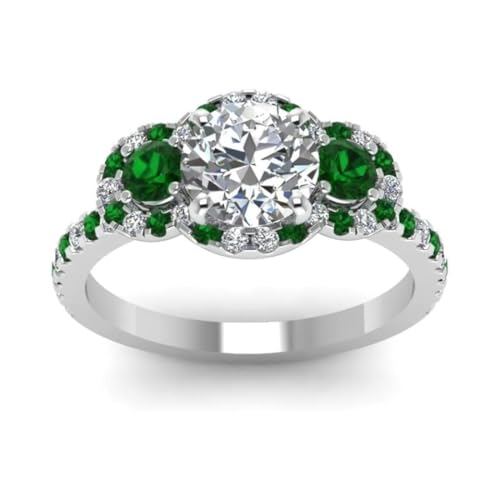 Image of 55Carat Choose Your Gemstone Delicate 3 Stone Halo Diamond CZ Ring Sterling Silver Round Shape Halo Engagement Rings Everyday Jewelry Wedding Jewelry Handmade Gifts for Wife US Size 4 to 12