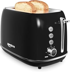 Keenstone Retro 2 Slice Toaster with Wide Slots, 6 Browning Levels, Bagel & Defrost Functions, Stainless Steel Compact Toaster with Removable Crumb Tray for Even Toast, Black