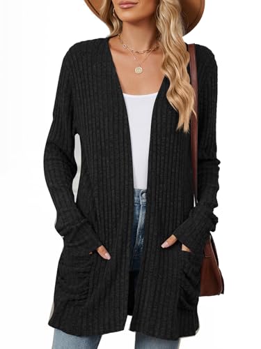 Image of Les umes Womens Open Front Lightweight Knit Cardigans V Neck Loose Long Sleeve Sweaters with Pockets