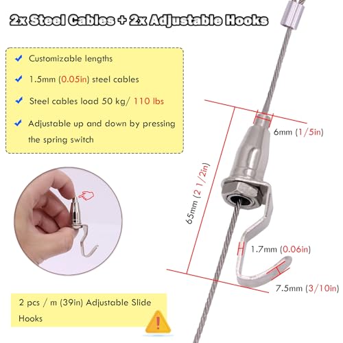 Image of AMUFJJ Art Gallery Ceiling Wall Mount Picture Hanging System Kit, Heavy Duty Photo Display Rail Track with 3 5 6 8 10 FT Long Steel Cords for Library /Museums /Schools(Ceiling Mount,3m /9.8ft Cable)