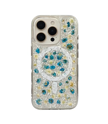 Image of Mag Flower Series Case for iPhone 16 Pro Compatible with Wireless Charging | Real Dried Flower Embedded Design | Slim Transparent Shockproof Back Cover | Blue Edition