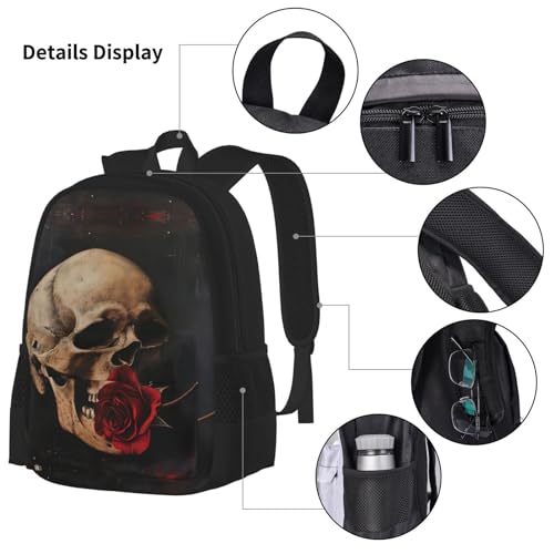 Skull And Red Rose Print 3 Piece Backpack Set, Laptop Daypack, Lightweight Bookbag Set With Lunch Bag Pencil Case4