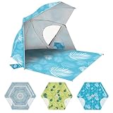 OutdoorMaster Pop Up Beach Umbrella, Portable Tent Shelter, Beach Shade Sun Canopy with UPF 50+ UV Protection, Extendable Floor with Carrying Bag - Blue Feathers