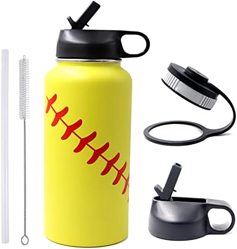 32 oz Softball Water Bottle, Flask Sports with 2 Lids 18/8 Stainless Steel Tumbler Double Wall Vacuum Insulated Hot/Cold (32oz, Yellow Softball)