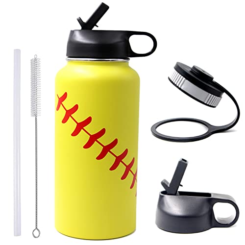 32 Oz Softball Water Bottle, Flask Sports With 2 Lids 18/8 Stainless Steel Tumbler Double Wall Vacuum Insulated Hot/Cold (32Oz, Yellow Softball) #TOP2
