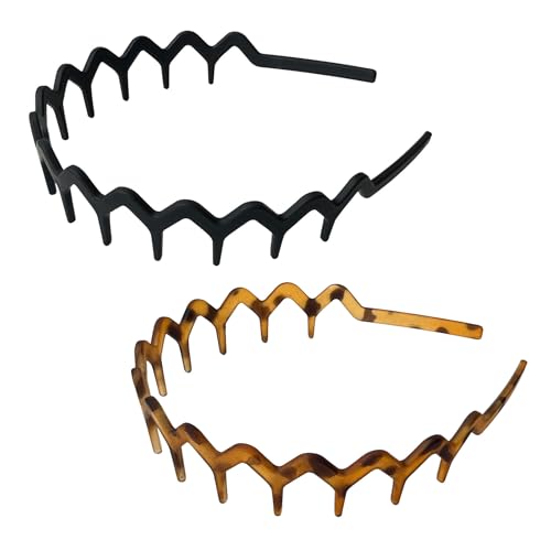 Asltw Zig Zag Headbands 2 Pack Non Slip Wavy Comb Headband Lightweight Recycled Plastic Hair Accessories for Women Men Teens Slicked Back Hairstyles Clean Girl Retro 90s Style Black Tortoise (Matte)