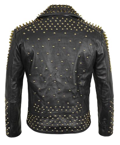 Image of Men's Studded Cowhide Leather Biker Jacket - Punk Rock Spiked Brando Coat