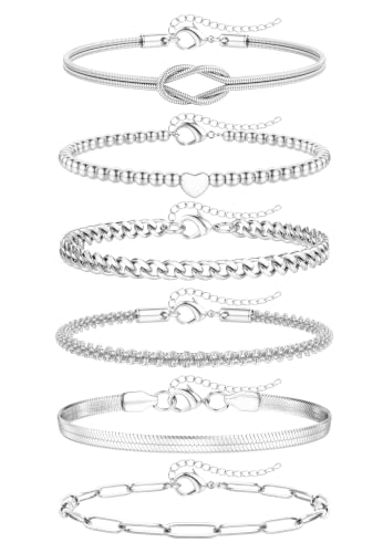 Image of Morfetto Silver Bracelets for Women - 6 Pcs Waterproof Stainless Steel Bracelet Set Adjustable Stackable Link Chain CZ 14K Gold Plated Layered Chain Bracelet Tarnish Free Jewellery