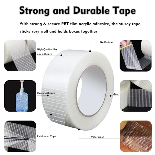 Qoqooice Fiberglass Filament Strapping Tape Heavy Duty Transparent Reinforced Packing Tape 2 in 6 Mils 30 Yards Nylon Fiber Glass Tape