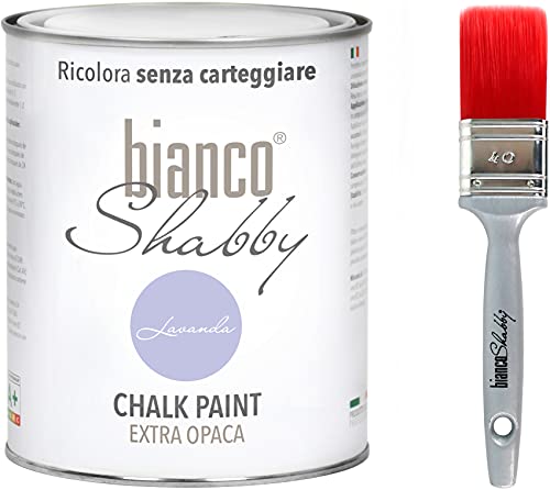 bianco Shabby Pintura a la Tiza para Todas las Superficies - 1 L Chalk Paint Lavanda + Brocha 40mm para Muebles de Madera - Interior & Exterior