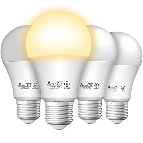 AmeriTop Dusk to Dawn Light Bulb- 4 Pack, A19 LED Sensor Light Bulbs; UL Listed, Automatic On/Off, 800 Lumen, 9W(60 Watt Equivalent), E26 Base, Indoor/Outdoor Lighting Bulb (3000K Warm White) AmeriTop Dusk to Dawn Light Bulb- 4 Pack, A19 LED Sensor Light Bulbs; UL Listed, Automatic On/Off, 800 Lumen, 9W(60 Watt Equivalent), E26 Base, Indoor/Outdoor Lighting Bulb (3000K Warm White)