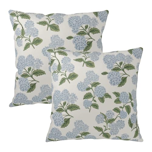 Ancordivo Blue Hydrangea Floral Pillow Covers 18x18 Inch Spring Summer Vintage Floral Outdoor Throw Pillows Set of 2 Rustic Farmhouse Flower Pillowcases for Home Couch Decor
