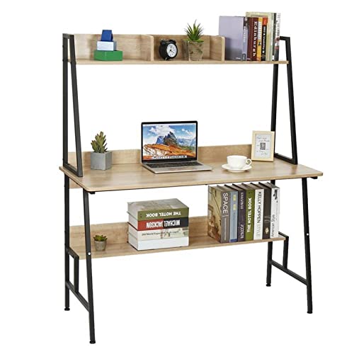 TOMYEUS study desk for kids Large Wood Desktop PC Desk Laptop Desk with Storage Shelves 47.2 Inch Home Office Writing Desk Work Study Table Workstation with Bookshelf writing desk