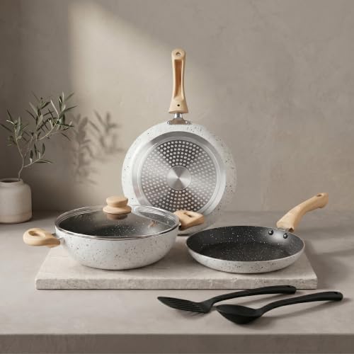 Image of Crystal Aluminum 6 Pcs Non Stick Cookware Set with Induction Bottom | Tawa, Fry Pan, Kadhai with Lid, Laddle & Spatula | Durable 4 Layer Non Stick Coating | PFOA Free | White