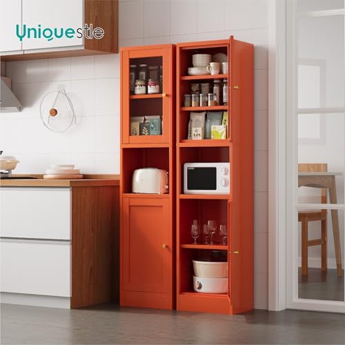 Image of 67 inch Tall Metal Narrow Storage Cabinet with Glass Door and Open Shelf, Shaker Style Slim Cabinet with Adjustable Shelves for Kitchen Bathroom Living Room Laundry Small Spaces, Orange, 1Pc