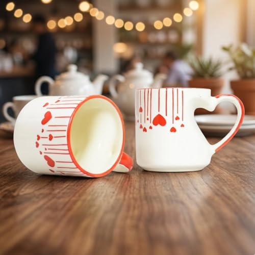 Image of Saras Aajeevika 2 Pc Handmade Ceramic Coffee - 300ml Heart Shape Gift Set Tea /Milk Mug Cup Set for Kitchen Glossy Finish Kids Glass Drinkware -Mircowave & Dishwasher Safe Ideal for Daily Use & Gifting