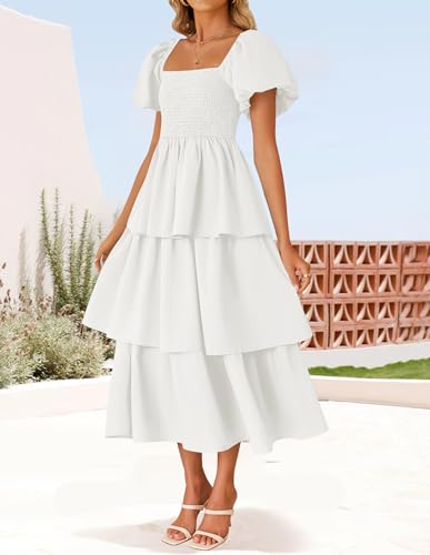 ZESICA Women's 2025 Summer Boho Midi Dress Short Puff Sleeve Flowy A Line Tiered Beach Vacation Long Dresses2