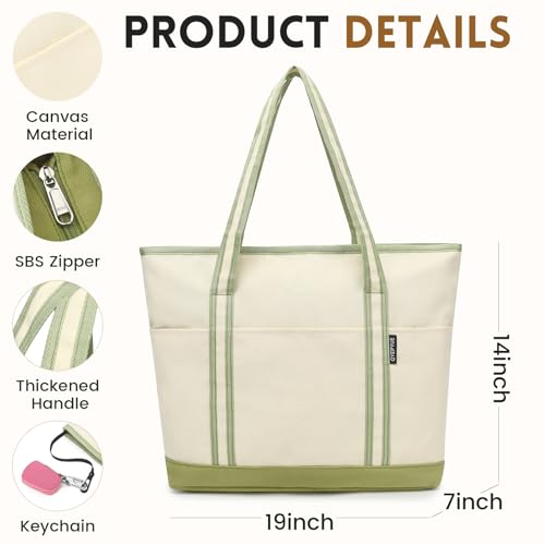 Image of Large Canvas Tote Bag for Women, Beach Bag with Zipper, Utility Tote Bag with 3 Front Pockets, Weekender Pool Bag