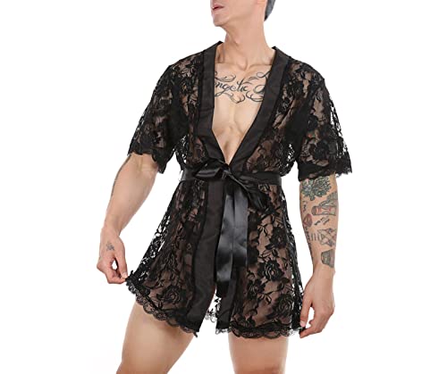 Men Sexy Lace Bathrobe Floral Mesh Lingerie Transparent Belted Sleepwear Ultra-thin Pajamas Suit Nightgown Robe2