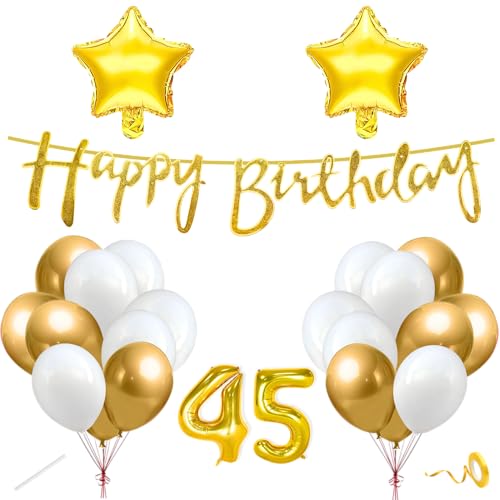 Image of Flyloons 45th Happy Birthday Decoration Kit Gold White for Boys Girls Men Women Adults With 20 Pcs Chrome Balloons Birthday Banner 2 Pcs Star Items Set Golden