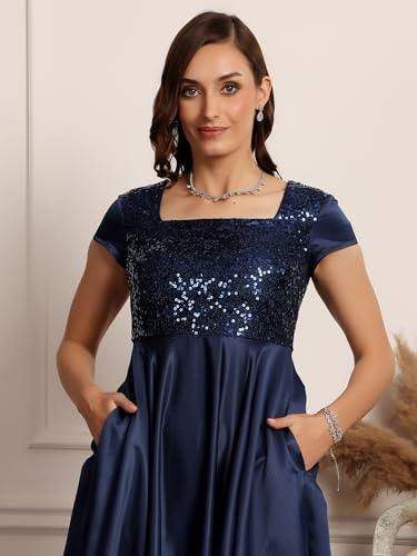 Image of Miss Chase Women's Round Neck Sleeve Embellished Fit Flare Maxi Dress