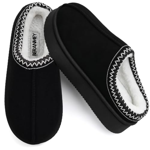 Plush Platform Slippers for Women & Men - Cozy Non-Slip Sole Warm Fuzzy Lined House Shoes for Indoor Outdoor Short Ankle Slippers (Black US Adult Women 8.5 Numeric Range US Footwear Size System 9 Medium)
