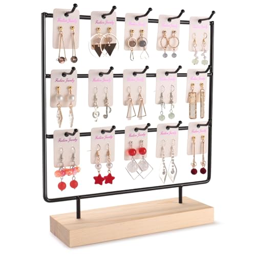 shidaishiye Earring Display Stand for Selling Wood Earring Rack Tower Display Holder Stand (3 Tier 15 Hooks Black)