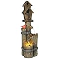 Outsunny Outdoor Fountain with Birdhouse, Cascading Garden Waterfall Bird Bath with 3-Tier Rustic Tree Trunk/Log Design, LED Lights for Porch, Deck, Yard Decor, Brown