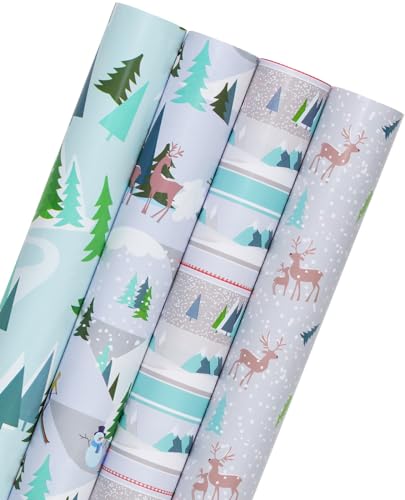 BIOBROWN Grey Christmas Wrapping Paper Rolls for Kids Girl Boys Women Men Cute Reindeer Snow Gift Wrap Paper Jumbo Roll for Birthday and Baby Shower 30 Inch x 10 Feet 4 Roll