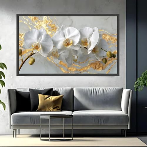 Toile orchidée blanche grand format 60x105 impression florale dorée - 4