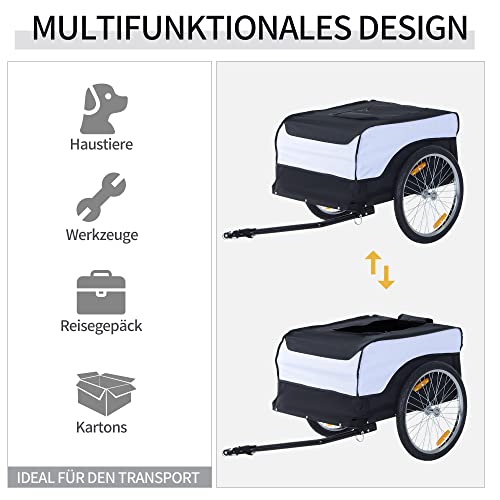 HOMCOM Fahrradanhänger Lastenanhänger Belastbarkeit max. 40 kg Transportanhänger Handwagen Lasten-Fahrradanhänger Weiß+Schwarz Stahl Oxford 140 x 77 x 65 cm