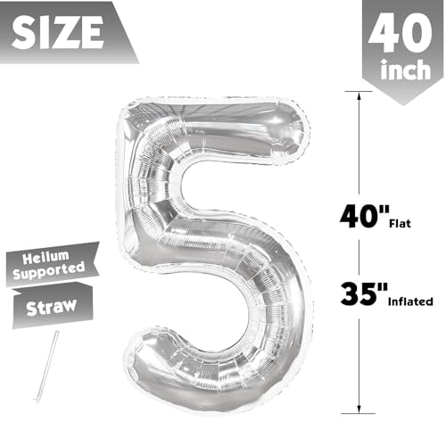 Image of 40 Inch Silver Number 5 Balloon Birthday Party Decorations for Men & Women | 40 Inch Silver inflatable foil number balloons, large birthday decorations for 5th birthday