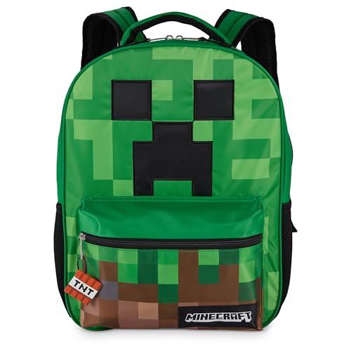 Image of AI ACCESSORY INNOVATIONS Minecraft Backpack for Boys & Girls, Big Face Creeper School Bag with Front Pocket, TNT Rubber Molded Dangle, Green