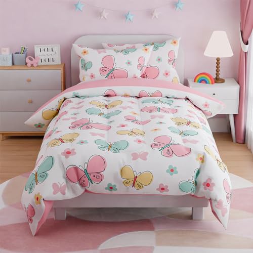 Image of SANDJEST Butterfly Full Bedding Sets for Girls, Ultra Soft Microfiber Comforter Set with 4-Pieces, Bed Sets for Kid Tween Teen Bedroom Decor