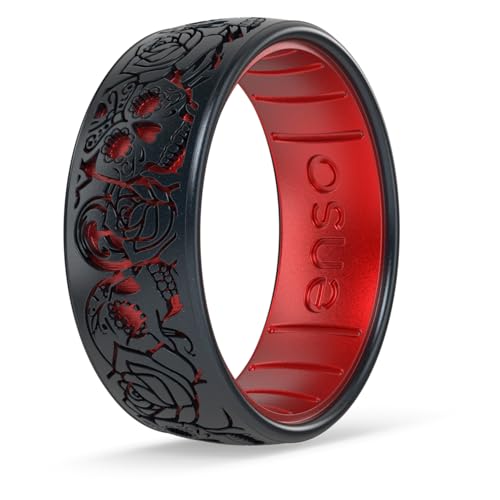 Enso Rings Etched Sugar Skulls 3.0 Silicone Rings - Comfortable and Flexible Design - Skull Tango - Black Pearl/Ruby - Size 14 by Enso Rings - Used condition - US$17.66