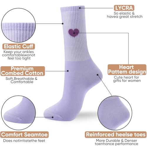 Image of Corlap Women's Cotton Crew Calf Socks - 5 Pairs Ankle High Dress Casual Socks, Fun Cute Heart Gifts for Mom Mother