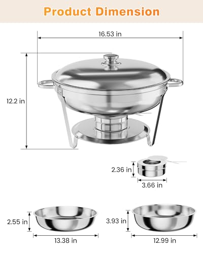 image for GAOMON 5QT Chafing Dish Buffet Set of 6 Pack, Round Stainless Steel Fo
