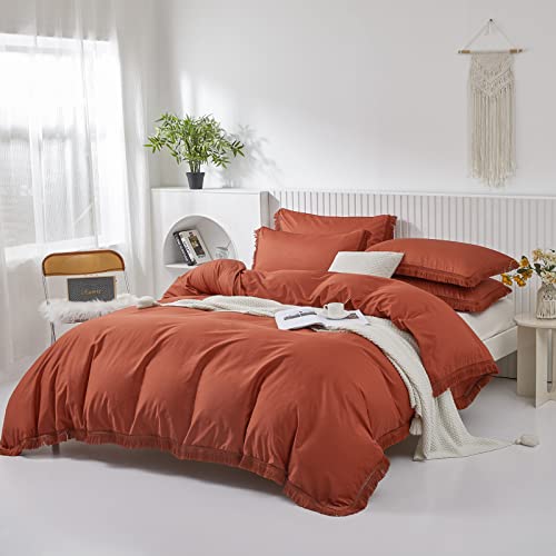 Enuullao Burnt Orange Duvet Cover Set Queen Size With Tassel,3 Pieces 100% Washed Cotton Comforter Cover With Zipper Ties,1 Boho Terracotta Duver Cover&2 Pillowcases(Burnt Orange,Queen) #TOP2