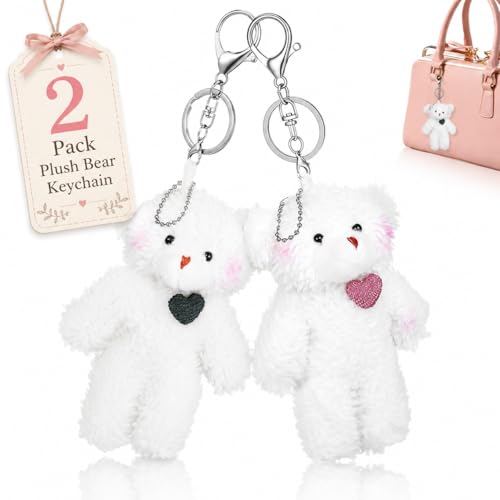 NUOBESTY 2Pcs Plush Bear Keychain, Cute Teddy Bear Bag Charms with Heart Soft Bears Key Ring for Purse Backpack Handbag, Matching Keychains for Couples Best Friends