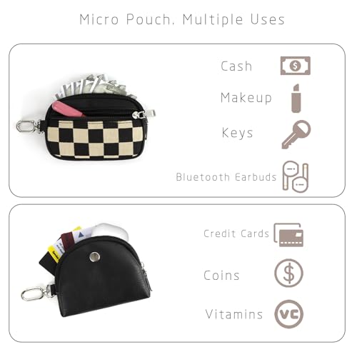 Image of Checkered Dual Pouch Keychain Wallet for Women,Small Mini Zip Leather Coin Purse with Wrist Strap,wristlet hangbags,Black