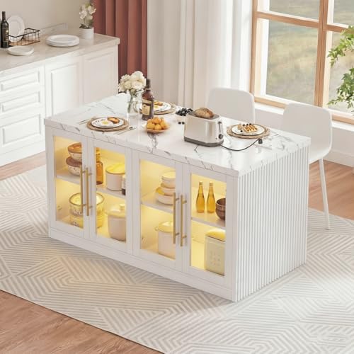 Homiflex Kitchen Island with Storage Imitation Marble Island Table with LED
